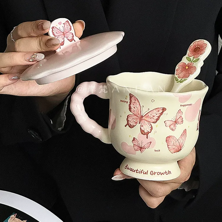 蝴蝶马克杯ins风少女心陶瓷杯子办公室早餐咖啡杯女生日礼物水杯
