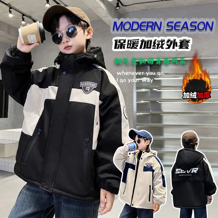 男童棉服加绒加厚冲锋衣男大童外套时尚洋气派克服中大童棉衣外套