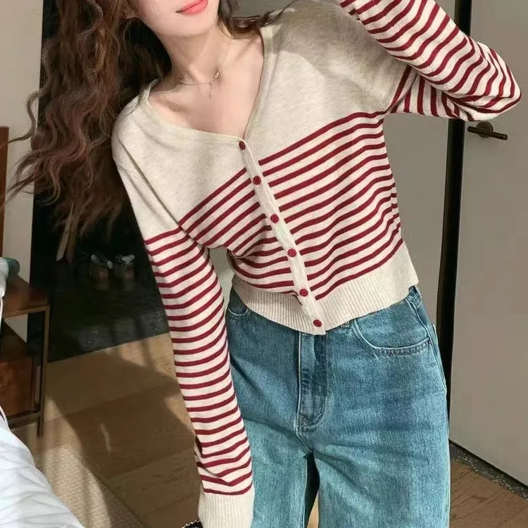薄款夏季百搭长袖韩版时尚洋气条纹V领针织衫女设计修身显瘦外套