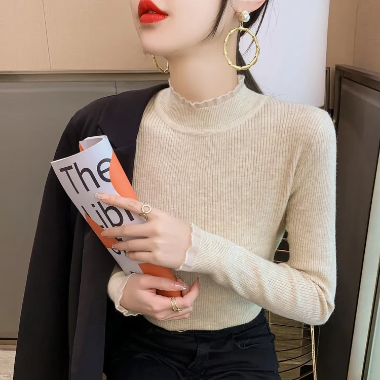 玥玥女装-半高领蕾丝针织毛衣内搭秋冬时尚百搭长袖打底衫女上衣