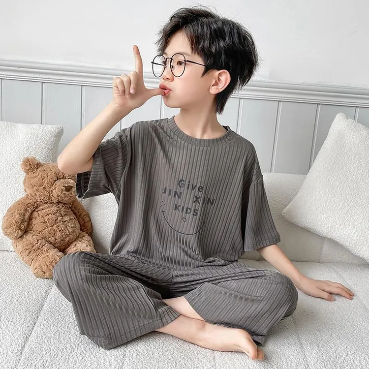 FAVMARTHA莫代尔男童睡衣春秋儿童半袖长裤家居服坑条大童小男孩