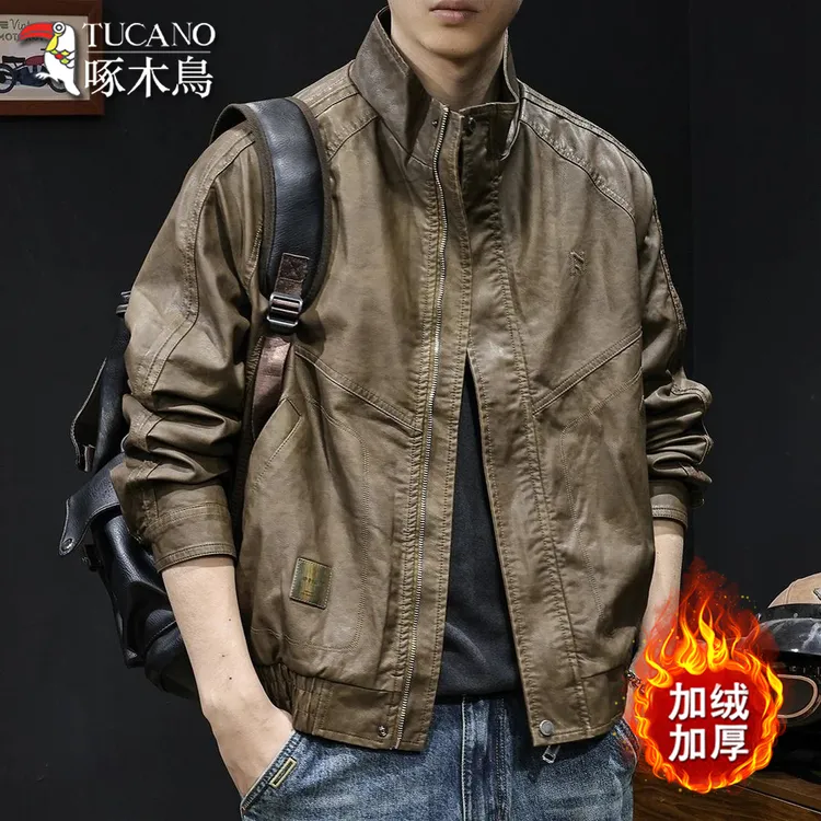 啄木鸟高端潮牌皮衣外套男2025加绒大码高级感机车休闲皮夹克男款