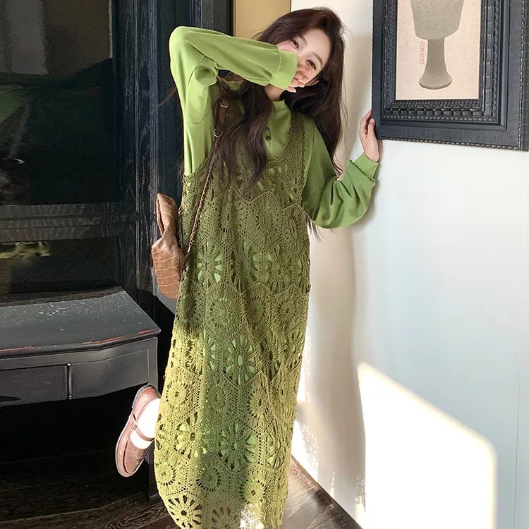 法式叠穿罩衫连衣裙套装女2024新款早秋遮肉显瘦减龄T恤裙两件套