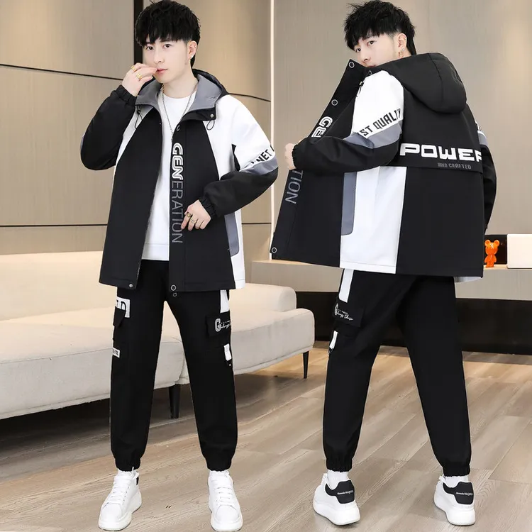 青少年男学生春秋新款休闲夹克套装ins潮帅气撞色连帽休闲男外套