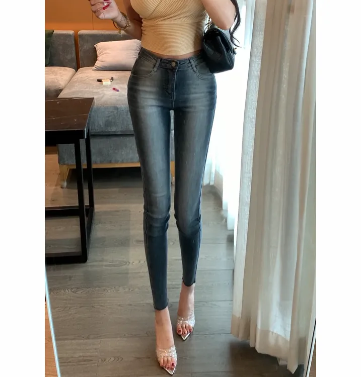 磨白设计感高腰细腿小脚牛仔裤女2025年秋季新款弹力显瘦铅笔裤