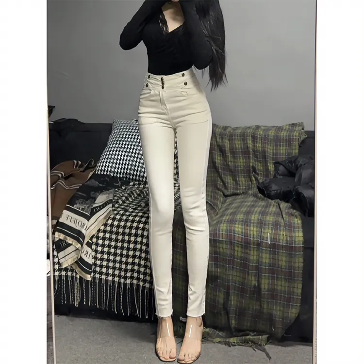 米白色高腰小脚牛仔裤女2025年秋季新款修身紧身弹力显瘦铅笔裤