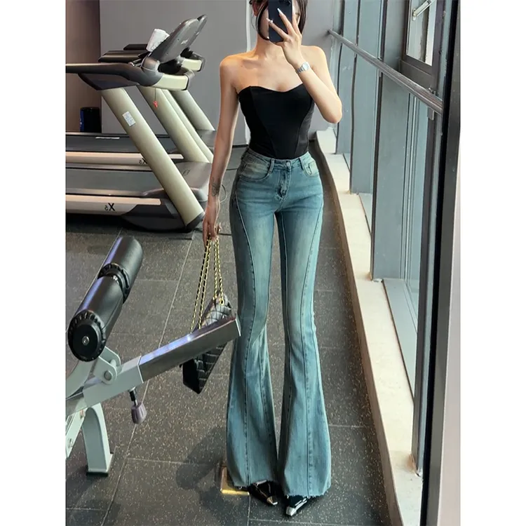 线条鱼骨微喇牛仔裤女2025年冬季新款弹力显瘦显腿长高腰喇叭裤