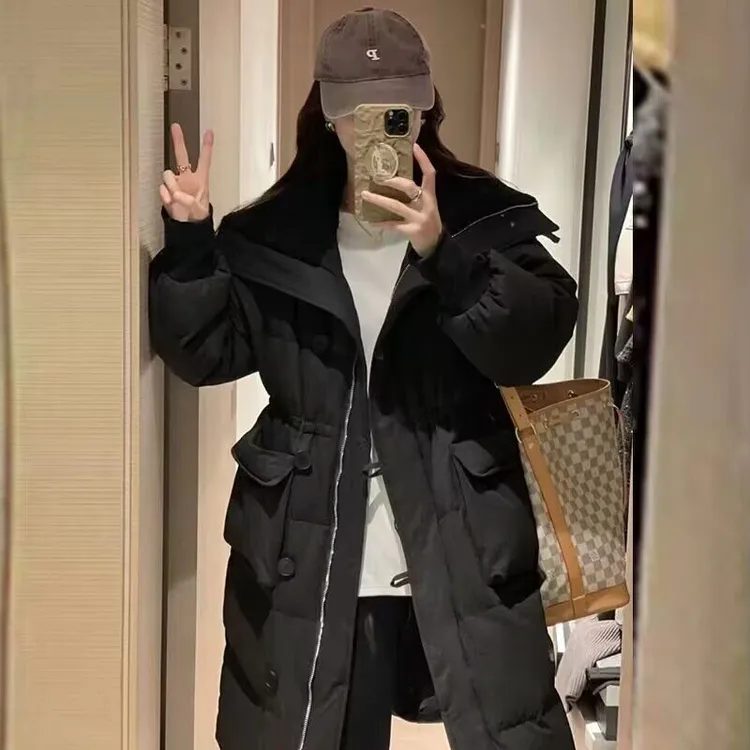 现货中长款加厚收腰棉服外套