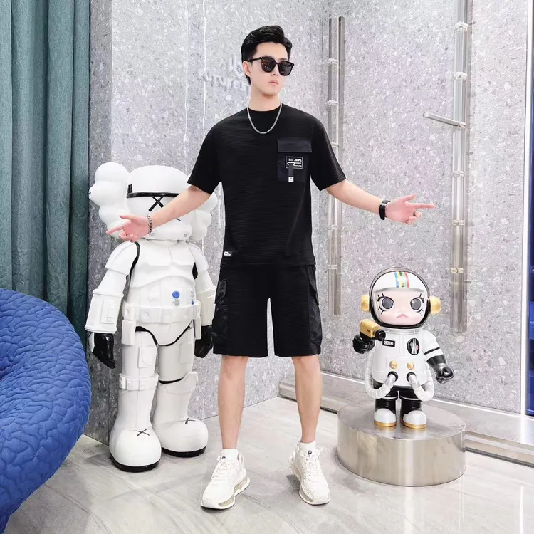 2023夏季新款华夫格男士短袖短裤两件套黑白运动套装时尚潮流百搭