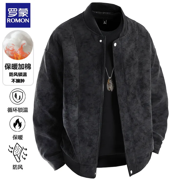 罗蒙男士外套春秋冬季新款加棉加厚保暖棒球领外套防风锁温皮夹克