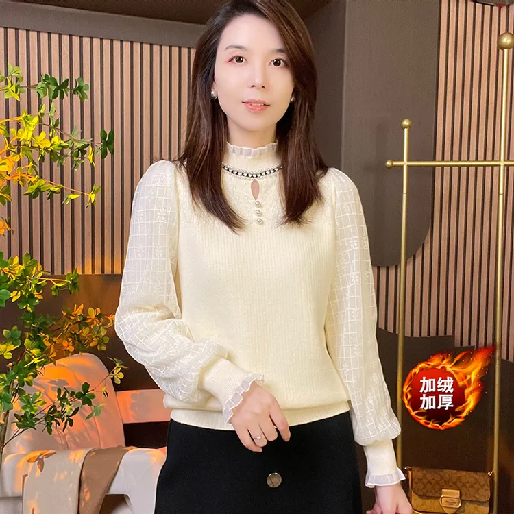 一体加绒加厚冬季毛衣半高领长袖拼接蕾丝百搭钉珠修身保暖针织衫