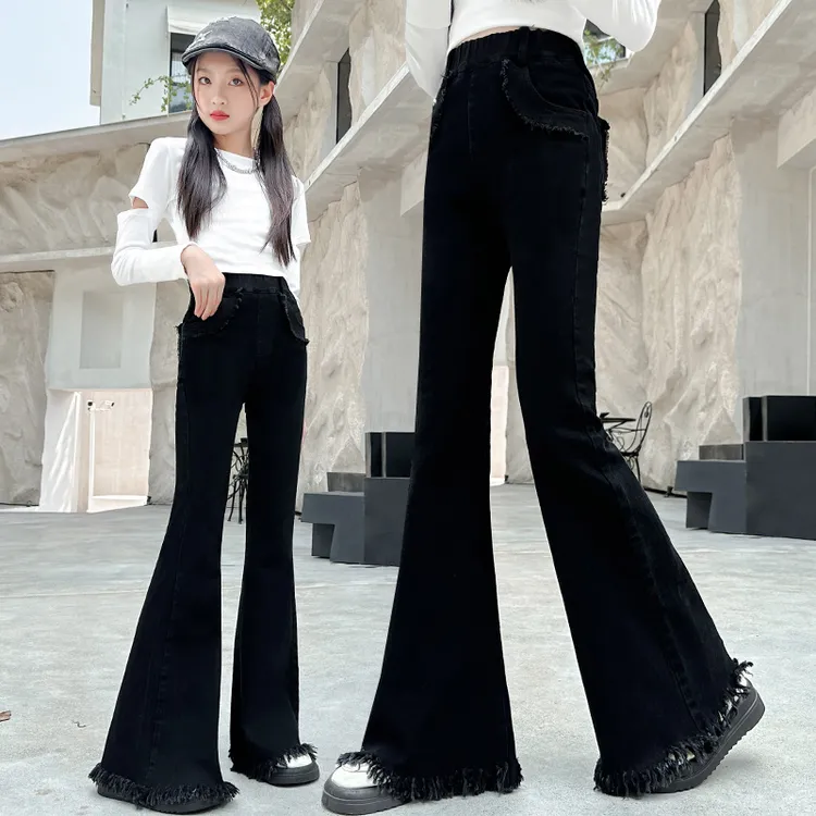 女童黑色弹力喇叭裤春秋新款洋气儿童牛仔裤子中大童外穿高腰长裤