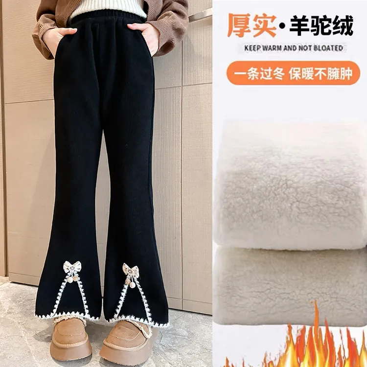 女童加绒裤子秋冬新款洋气儿童加厚一体绒灯芯绒长裤中大童喇叭裤