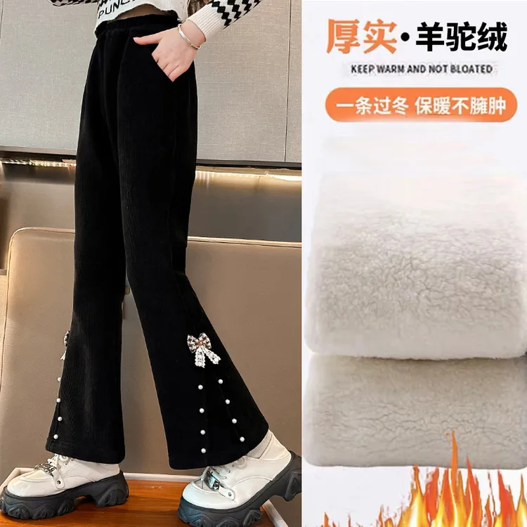 女童冬季加绒裤新款洋气儿童一体绒裤子中大童加厚外穿喇叭裤长裤