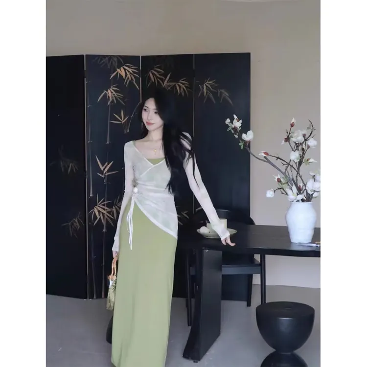 时尚2025年国风新中式网纱套装裙夏季淑女中长裙连衣裙2025年女装