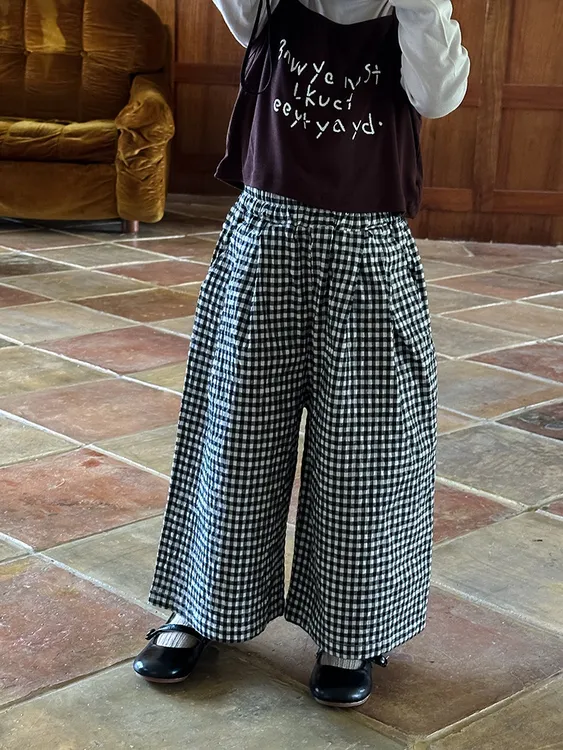 儿童时尚格纹阔腿裤2024秋季新品韩版皮筋中腰格子阔腿长裤