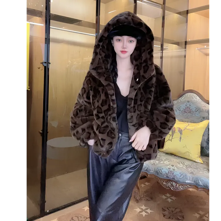 MY2403咖色豹纹毛毛外套秋冬保暖显瘦显腿长冬季网红时尚休闲绿色