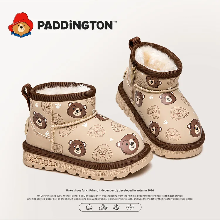 帕丁顿熊儿童雪地靴2024新款冬季加绒保暖宝宝男女通中筒防滑棉鞋