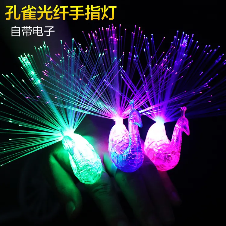 网红孔雀手指灯玩具发光变色孔雀开屏光纤灯弹力发光玩具孩子礼物