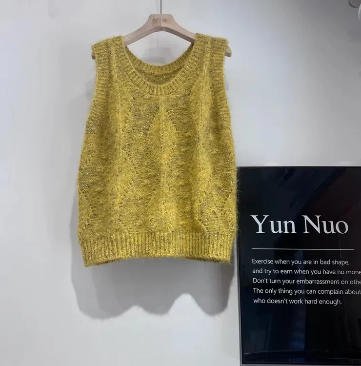 含毛设计感温柔女装2024秋款新纯色圆领镂空针织马甲背心坎肩叠穿
