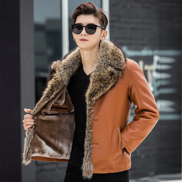 海宁男士皮衣真皮皮衣男韩版时尚夹克加绒加厚修身皮毛一体大毛领