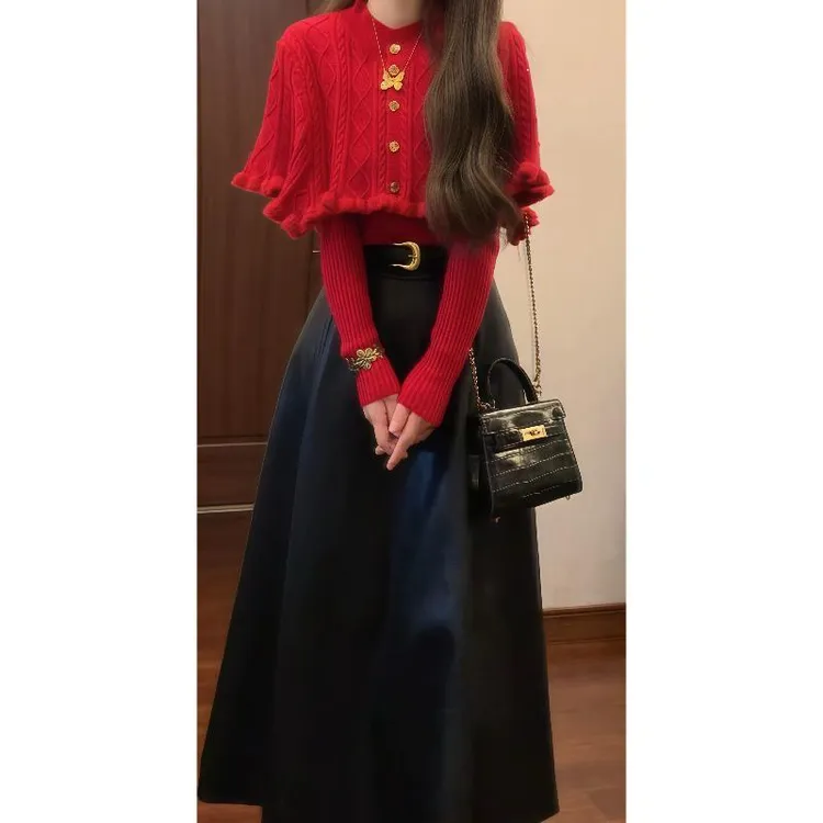 秋冬季红色针织衫斗篷披肩外套两件套上衣&高腰黑色半身皮裙2432