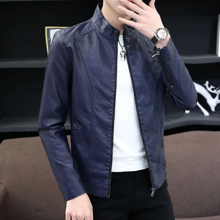 高档海宁皮衣男秋冬装男士薄款外套修身青年立领加绒软皮夹克潮