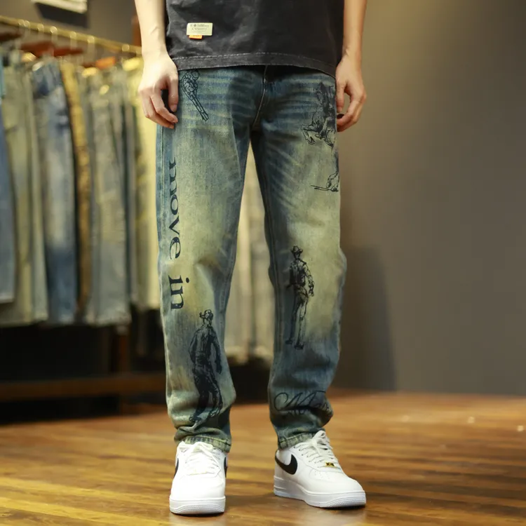 5101锥形户外复古宽松水洗做旧印花休闲小直筒牛仔裤