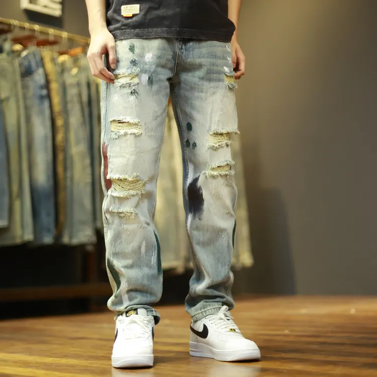 9043锥形破洞泼墨设计休闲复古男装小直筒牛仔裤