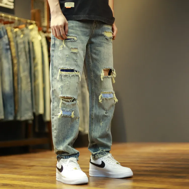 DSQCIFND2锥版破洞复古水洗个性潮流高街宽松牛仔裤男款H1001