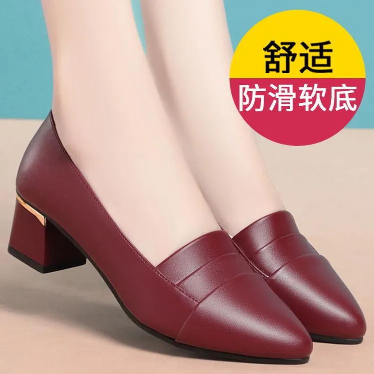 真皮软底妈妈鞋单鞋女鞋舒适不累脚粗跟中老年法式春秋瓢鞋皮鞋