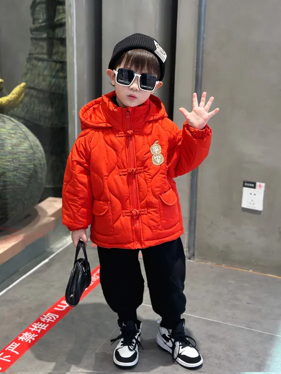 儿童冬款棉服冬季连帽男童加绒保暖棉衣新年洋气宝宝加厚红色秋冬