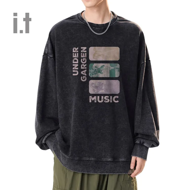 UNDER GARDENit男装水洗磨白圆领卫衣2024秋季新款酷感有型套头衫