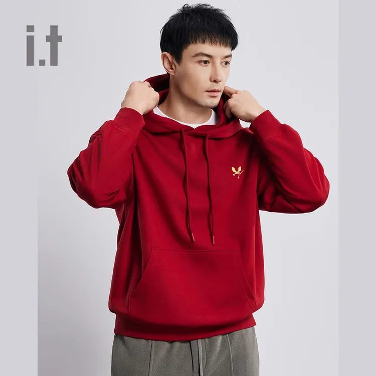 GIXXit红色连帽卫衣男士2024冬季爆款新款简约基础款宽松长袖运动