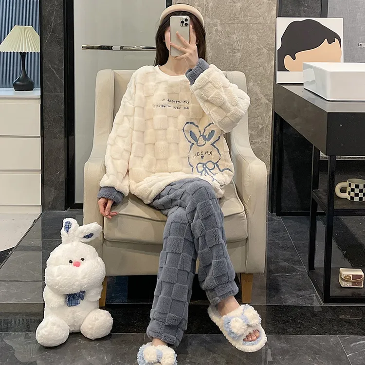珊瑚绒睡衣女秋冬季加厚加绒套装法兰绒学生宿舍可外穿家居服冬天