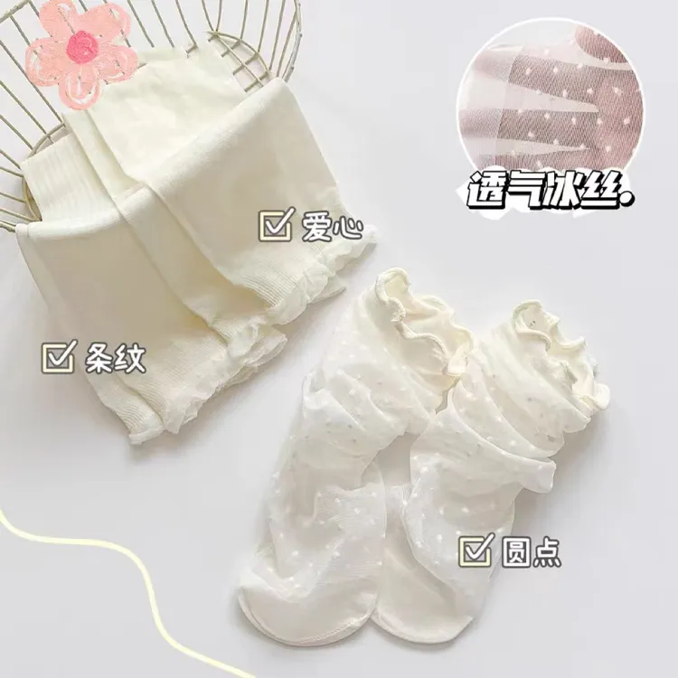 波点袜子女夏季中筒袜薄款白色冰丝玻璃丝水晶丝花边夏天配乐福鞋