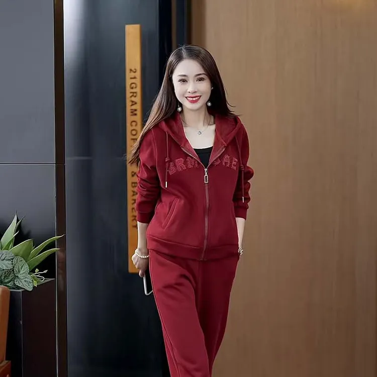 休闲时尚百搭套装显瘦连帽两件套跑步宽松女士洋气加绒加厚卫套裤