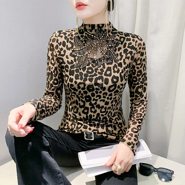 半高领打底衫女装2025秋冬新款时尚豹纹烫钻网纱修身上衣内搭小衫