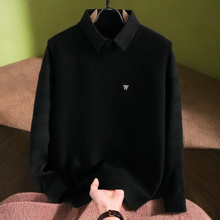 春秋季新款假两件秋冬男士潮流保暖高端针织衫休闲轻奢加厚领线衣