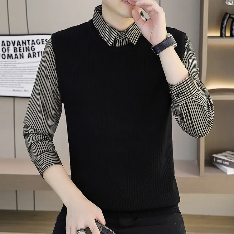 春秋季假两件秋冬男士潮流保暖高端针织衫休闲轻奢炸街加厚领线衣