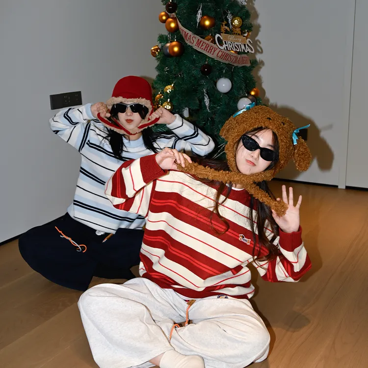 WOWO CAESAR卡通腊肠狗毛衣男秋冬新款美式条纹慵懒风情侣针织衫