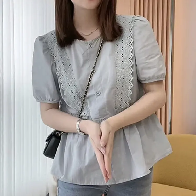 高级感拼接短袖衬衫女夏季设计感小众洋气漂亮小衫女宽松收腰上衣