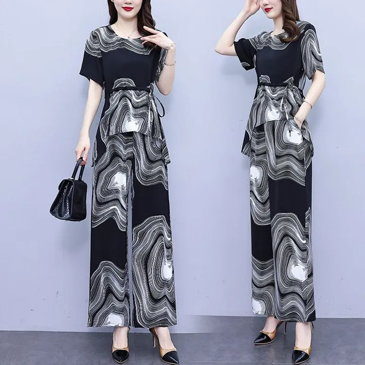 时尚中年女士阔腿裤套装女夏装2024新款洋气减龄遮肚子显瘦两件套