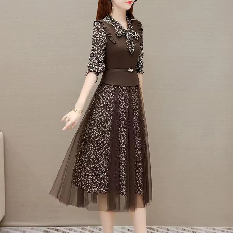 2024新款秋冬连衣裙女气质碎花时尚漂亮减龄假两件长袖打底中长裙