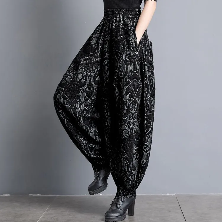 灯笼裤女秋冬提花阔腿裤大码宽松肥腿裤显瘦胖mm哈伦裤妈妈休闲裤