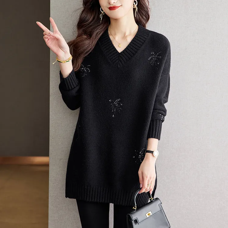 大码女装秋冬v领毛衣洋气胖mm中长款针织打底衫秋冬宽松内搭上衣
