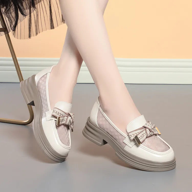 网纱厚底乐福鞋女夏季新款时尚休闲百搭透气镂空圆头软底英伦单鞋