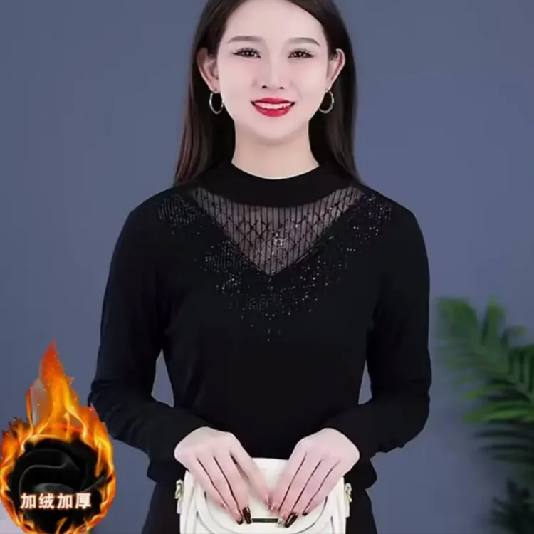 2024新款烫钻蕾丝网纱打底衫长袖保暖内搭上衣百搭秋冬