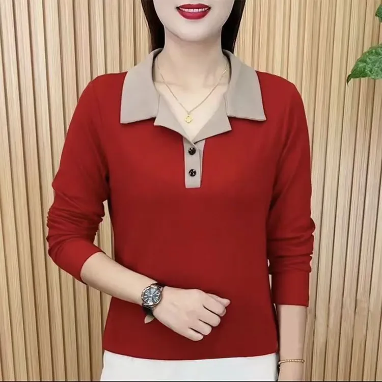 早秋新款时尚翻领POIO衫长袖T恤洋气妈妈宽松大码上衣打底衫610
