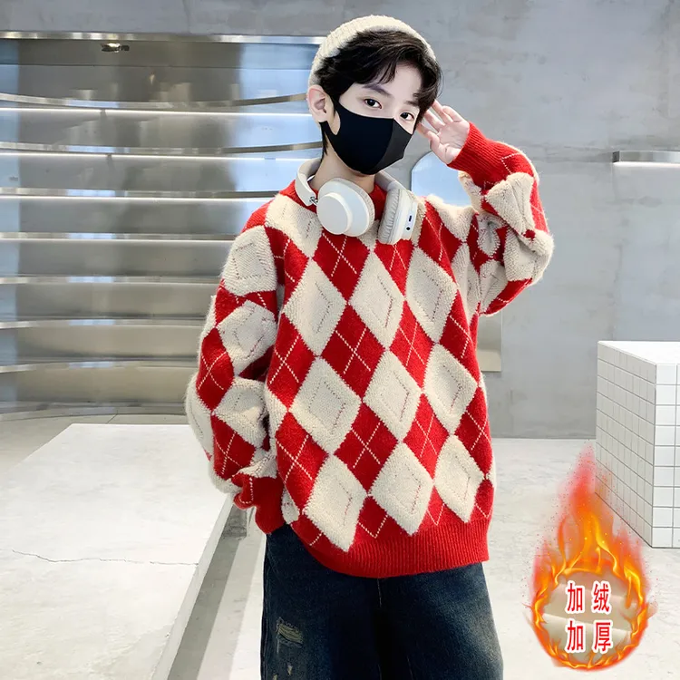 儿童装男童冬装加绒毛衣加厚秋冬款2024新款中大童冬季男孩水貂绒